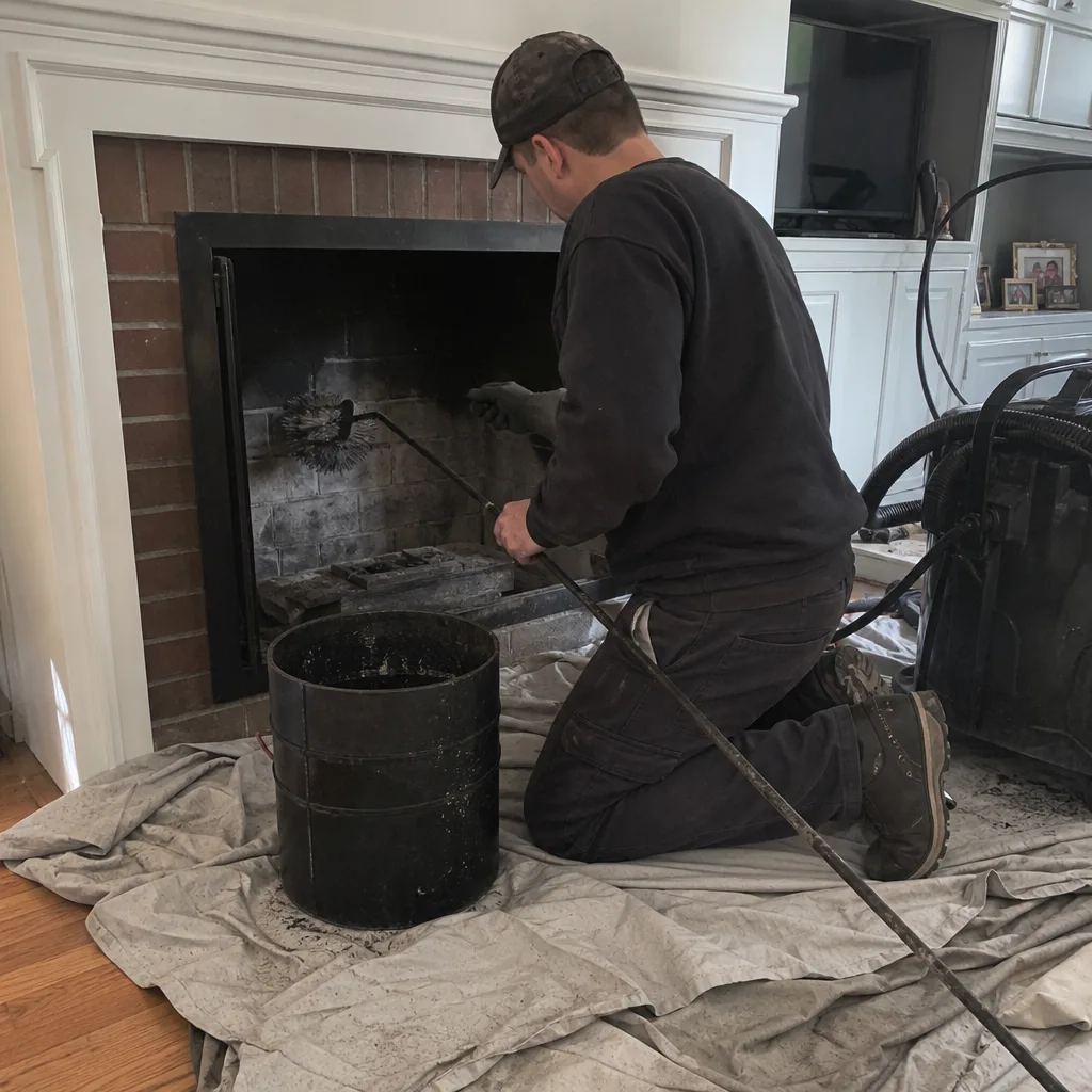 Professional chimney sweep cleaning a residential brick fireplace with a brush