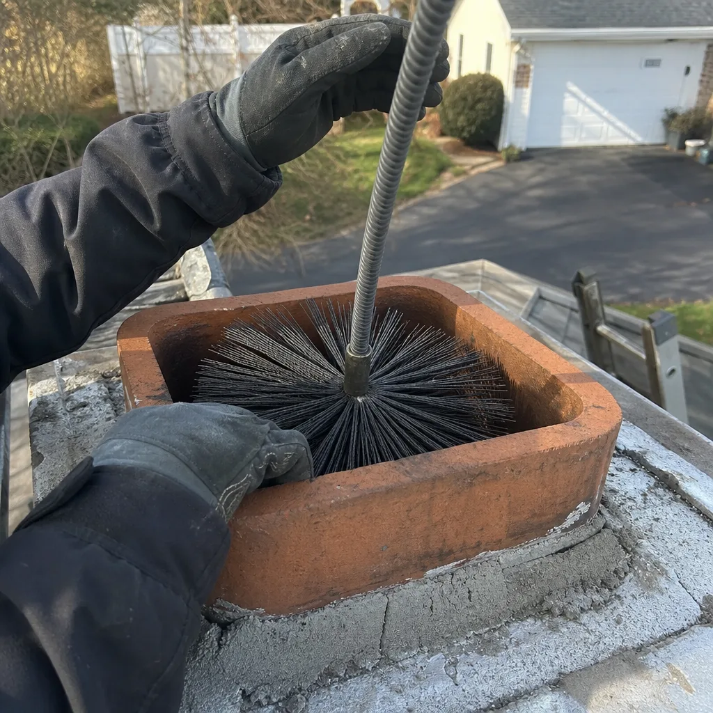 Professional chimney sweep cleaning a brick chimney flue with a wire brush.