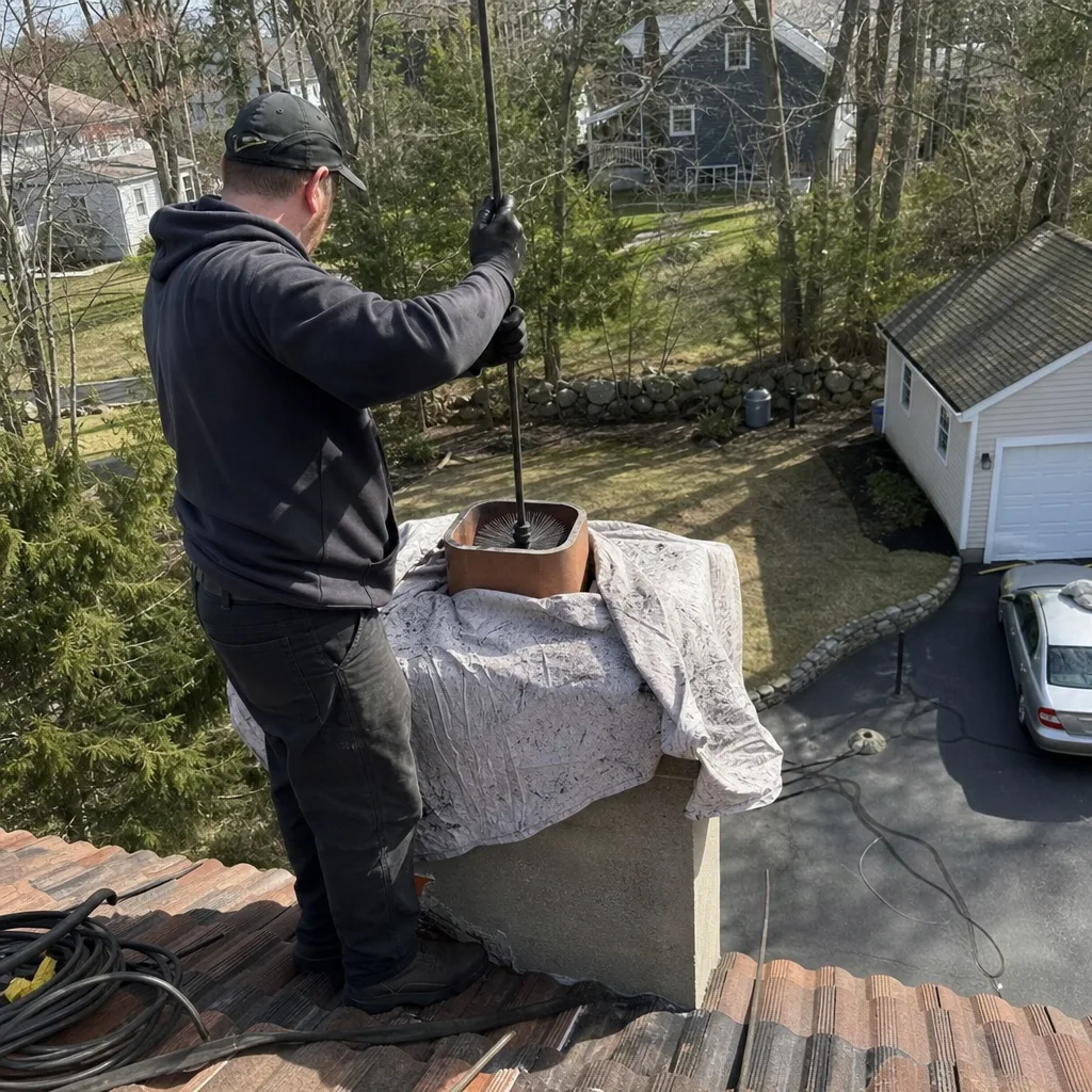 Professional chimney sweep cleaning a residential chimney flue from a rooftop.